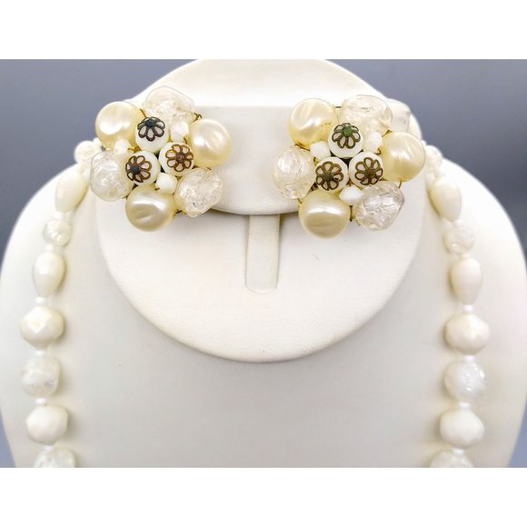 Vintage Classy White Beaded Parure, West Germany Double Strand Necklace - Picture 3 of 5